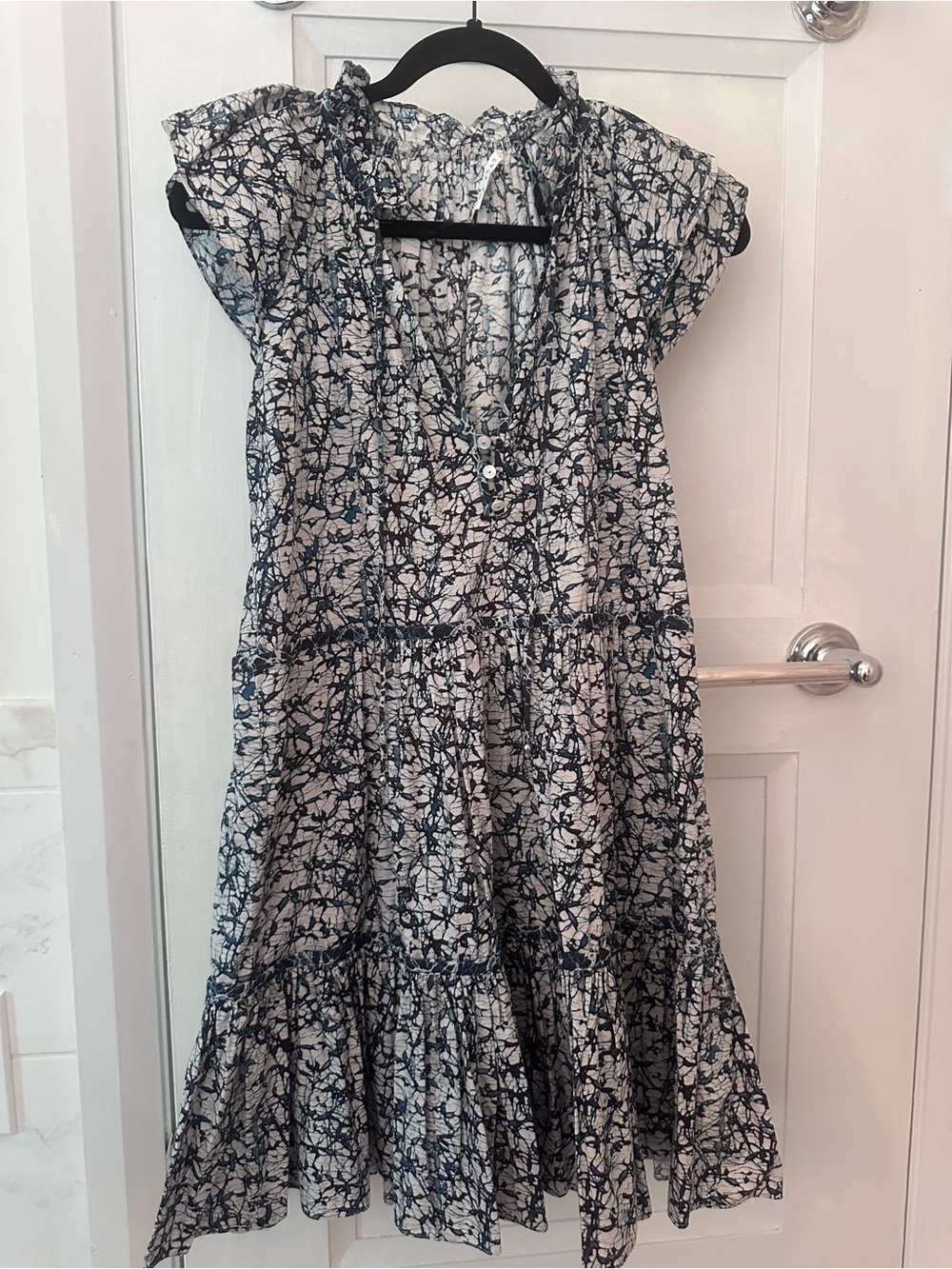 Veronica Beard White Dress with Navy and Teal Abstract Print